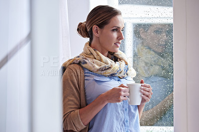 Buy stock photo Woman at window, thinking with tea and inspiration, reflection and future in morning routine, raindrop and wellness. Insight, memory and mindfulness with warm beverage, coffee break and relax at home