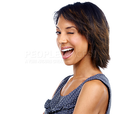 Buy stock photo Black woman, portrait or wink on isolated white background for fashion clothes deal, promotion or marketing sales. Zoom, playful face or model facial expression, emoji or ideas on advertising space