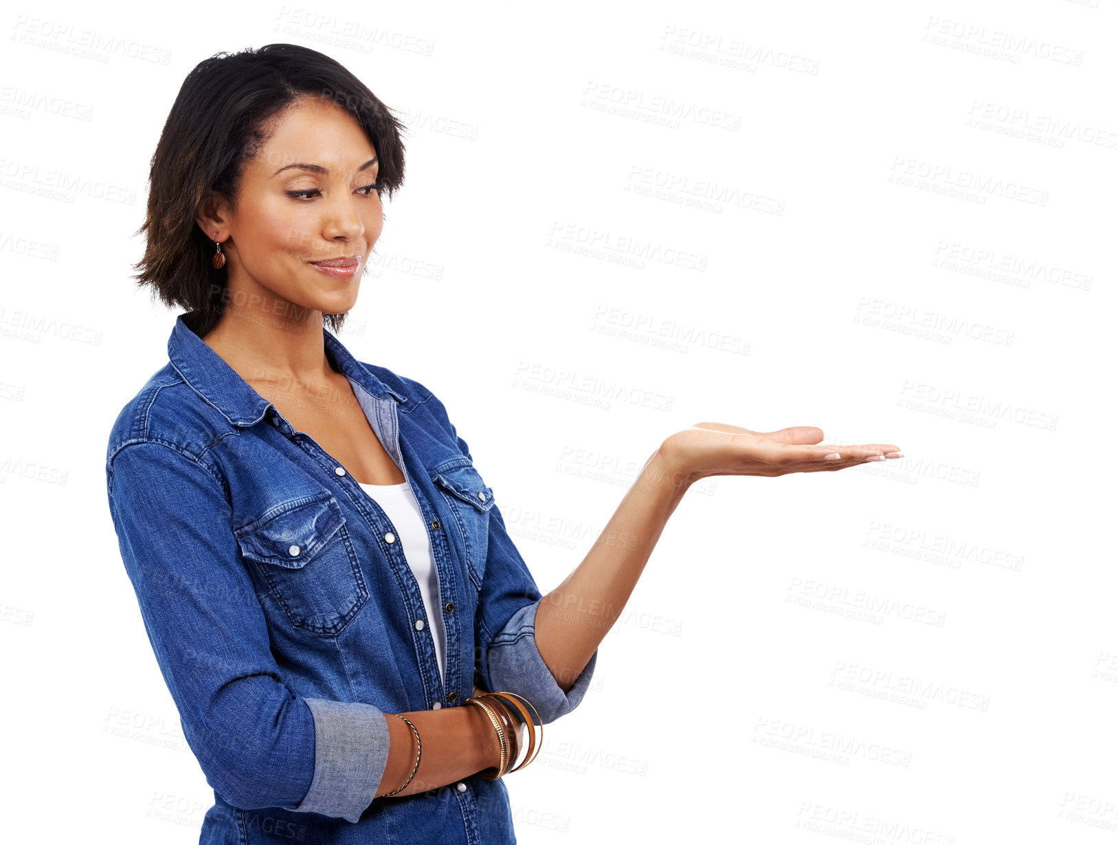 Buy stock photo Mockup, fashion or black woman in studio with marketing, product placement or branding space. White background, model or African girls hand advertising a discount, sales or promotional deal offer