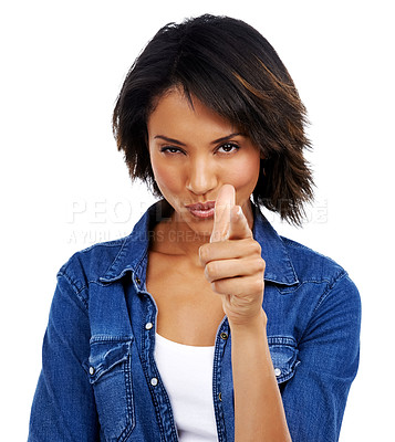 Buy stock photo Pointing finger, choose and portrait of black woman with a decision, pride and confidence on white background in studio. Content, excited and model with hand gesture, positivity and empowerment