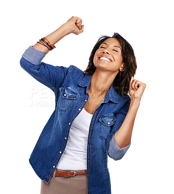 Buy stock photo Excited, winner and success celebration of woman in studio on a white background. Face smile, winning and happy female model celebrating victory, triumph or goal achievement, good news or lottery.