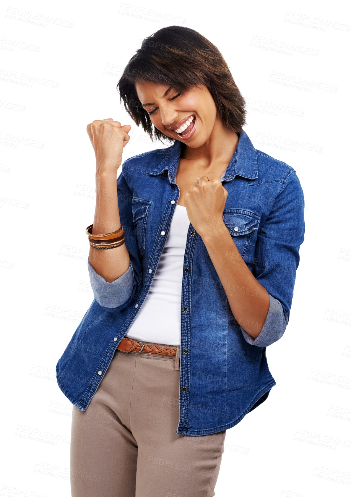 Buy stock photo Success celebration, winner and woman in studio isolated on a white background. Face, winning or happy, amazed and excited female model celebrate victory, triumph or goal achievement with eyes closed