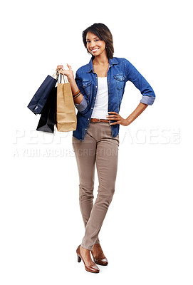 Buy stock photo Fashion, retail or happy customer with shopping bag in studio on white background with marketing mockup space. Sale, portrait or black woman with girl clothes on discount deal or promotional offer