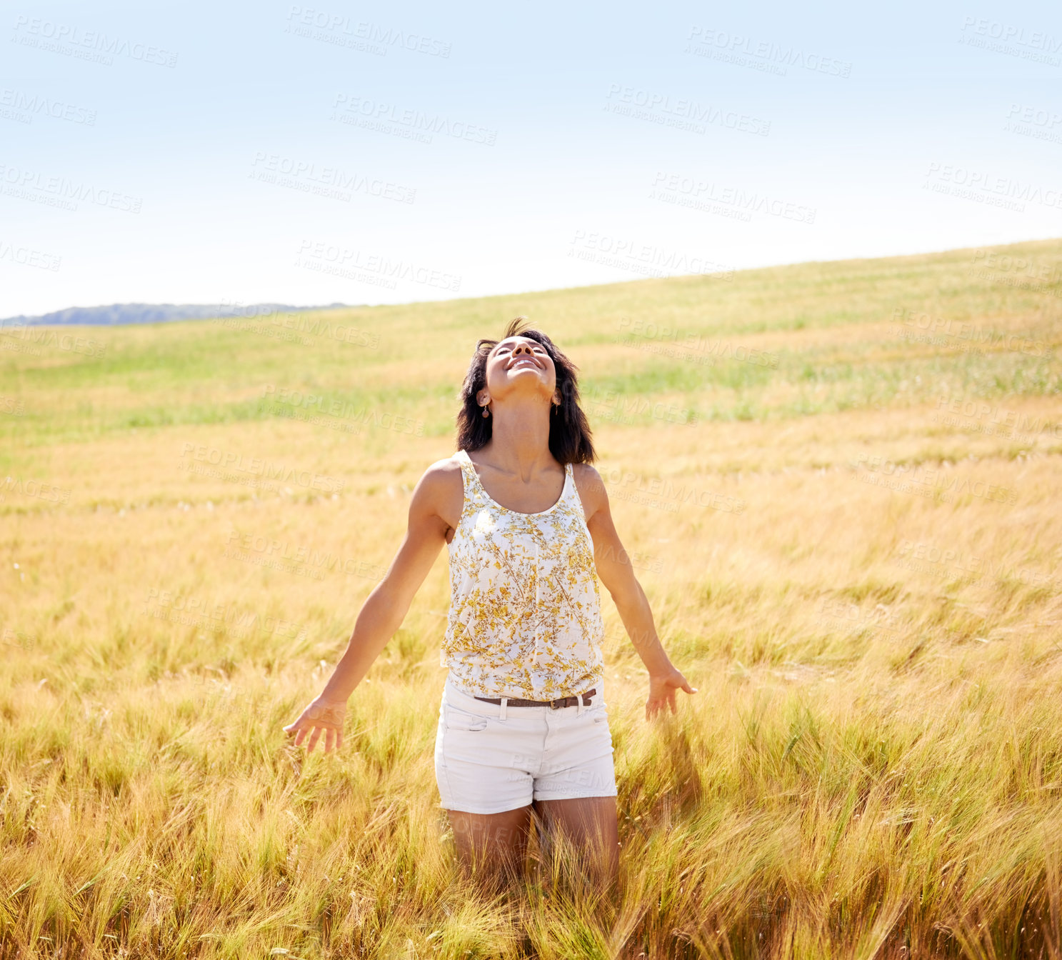 Buy stock photo Breathing, freedom or happy woman in a field in the countryside in spring to relax on break. Smile, wellness or female person in farm for fresh air on holiday vacation, gratitude or travel in nature