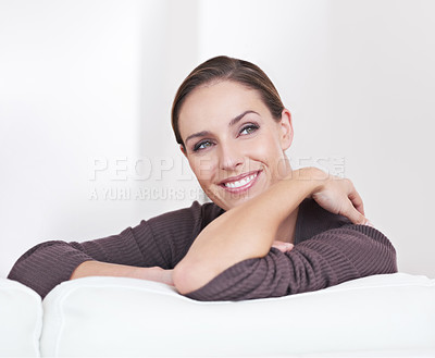 Buy stock photo Face, thinking and woman in living room couch for memories, smile and wellbeing. Happiness, calm and weekend with female person, home and joy, carefree and comfortable alone in sofa to relax