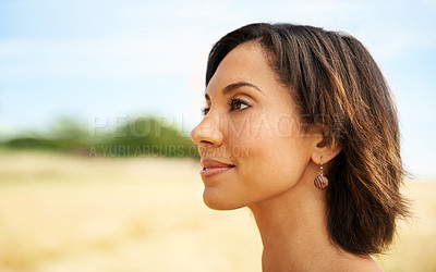 Buy stock photo Relax, freedom or woman thinking in field, countryside or outdoor garden in spring, park or nature. Smile, wellness or female person in farm to breathe in fresh air on holiday vacation or travel