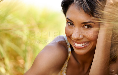 Buy stock photo Portrait, smile and woman in field in the countryside, grass and summer outdoor for health or beauty. Face, happy person at farm and nature, garden and travel on holiday, vacation or relax in Brazil