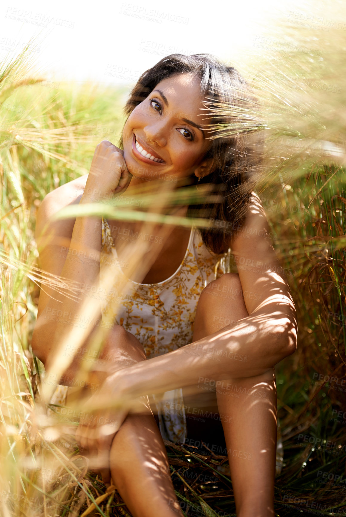 Buy stock photo Portrait, happy and woman in wheat field in the countryside in summer outdoor for health. Face, smile of person at farm or nature, sitting in garden and travel on holiday, vacation or relax in Brazil