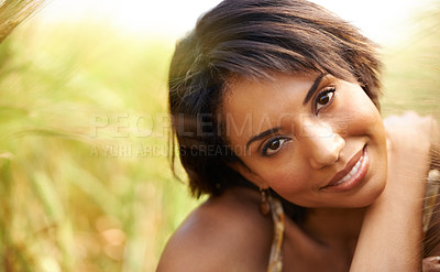 Buy stock photo Portrait, smile and woman in field of grass in the countryside, summer outdoor for health or beauty. Face, happy person at farm and nature, garden and travel on holiday, vacation or relax in Brazil