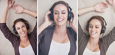 Buy stock photo Woman, headphones and happy in collage, listening and music with peace, thinking or memory on floor. Person, above and smile with tech for sound, hearing and audio streaming subscription in home