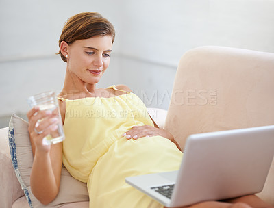 Buy stock photo Relax, pregnant or woman with water on laptop in house living room for childcare website, information or wellness reading. Drink, healthy or person on home sofa technology, research or pregnancy blog