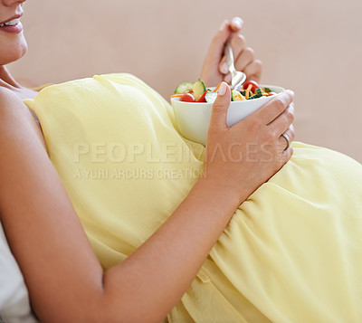 Buy stock photo Pregnant woman, salad and bowl on sofa for health, nutrition and wellness in living room of apartment. Person, fruit and happy on couch of lounge for relax, pregnancy and healthy diet with vitamins