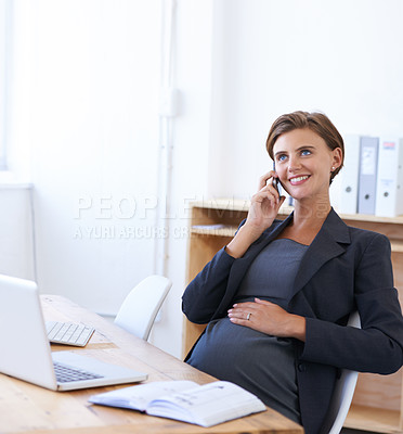 Buy stock photo Woman, pregnant and maternity phone call at work for communication, thinking or waiting motherhood. Female person, smile and stomach or networking talking as professional employee, career or business