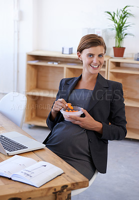 Buy stock photo Portrait, food and pregnant business woman smile for healthy diet, nutrition or carrots at office. Female person or employee in pregnancy, maternity and eating natural organic vegetables at workplace