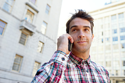 Buy stock photo City, phone call and man with sunshine, conversation and communication with network and Italy. Person, outdoor and connection with smartphone or mobile user with discussion or contact with urban town