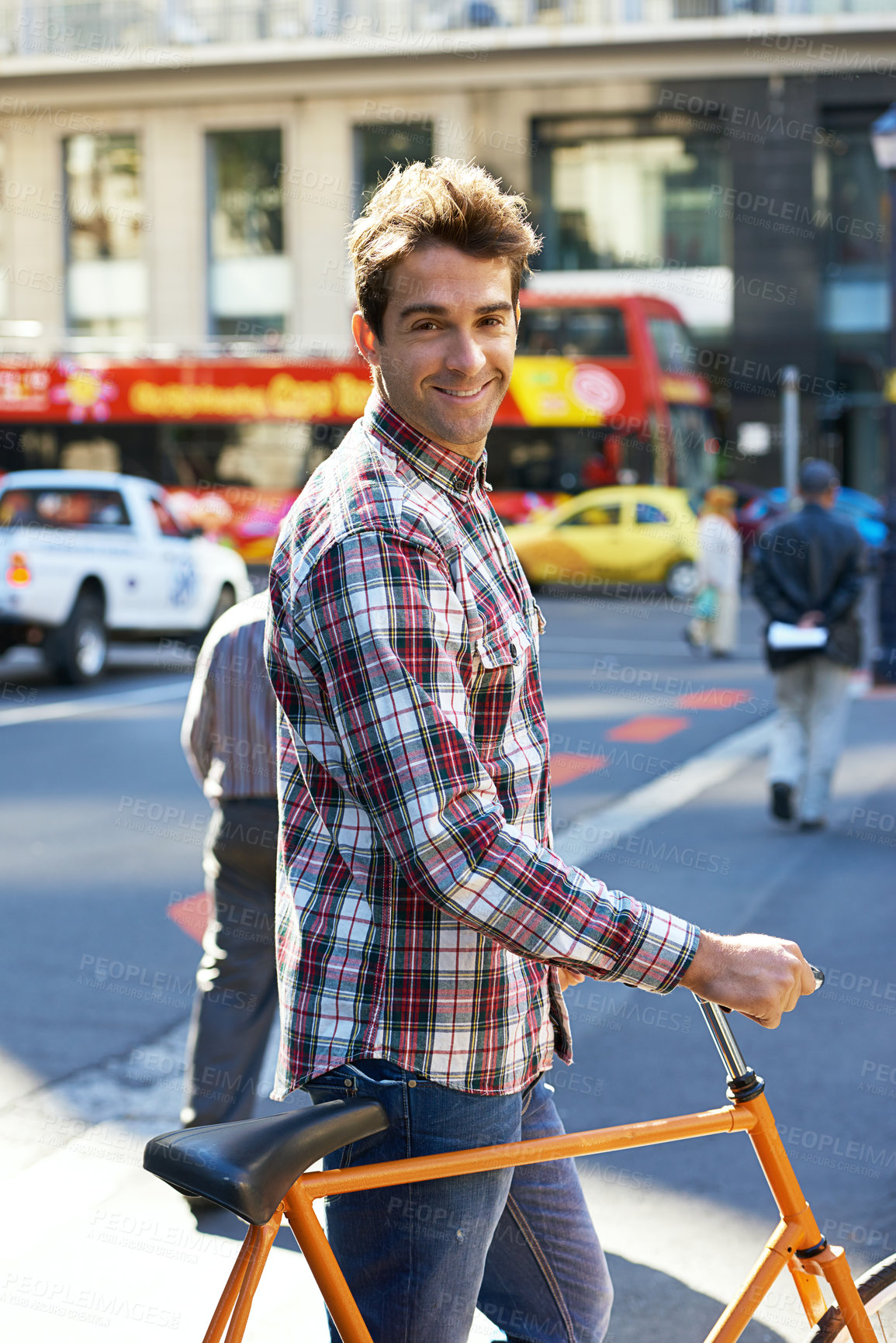 Buy stock photo Man in city, walk with bicycle and portrait for travel, carbon footprint and commute with smile for cycling outdoor. Eco friendly transportation, journey on bike and urban street with sustainability