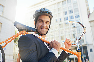 Buy stock photo Morning, bicycle and city with portrait of businessman with commute for green and sustainable transport. Cyclist, smile and bike for carbon footprint in New York by urban street with cycling to job
