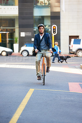 Buy stock photo Morning, bicycle and city with road and businessman with commute for green and sustainable transport. Cyclist, travel and bike for carbon footprint in New York by urban street with cycling to job