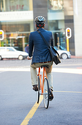 Buy stock photo Businessman, back and city with bicycle for eco friendly and sustainability travel for morning commute to work. Road, bike and entrepreneur on street with cycling to job in town for carbon footprint