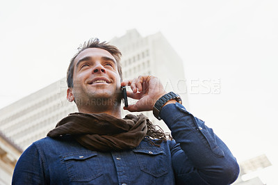 Buy stock photo City, phone call and man with smile, conversation and communication with network and happy. Person, low angle and connection with smartphone and mobile user with sunshine and contact with urban town