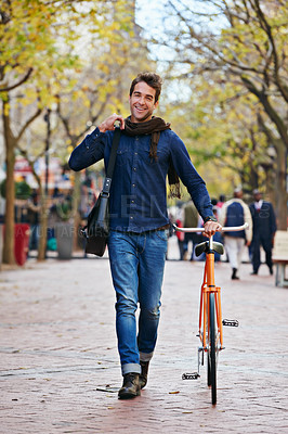 Buy stock photo Happy man, portrait and push bicycle in city to travel on eco friendly transport outdoor, commute and trip. Cycling, person and bike in urban town, street and road for journey at sidewalk of park