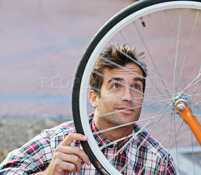 Buy stock photo City, inspection and man with bicycle wheel, maintenance and road with guy and transportation with sustainability. Check bike, person or hipster with cyclist and eco friendly with cycling or street