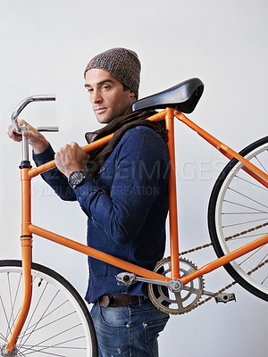 Buy stock photo Man, studio and bicycle for sustainability, exercise and transportation on white background. Hipster cyclist, carbon neutral and eco friendly travel for environmental commute or fitness and trip
