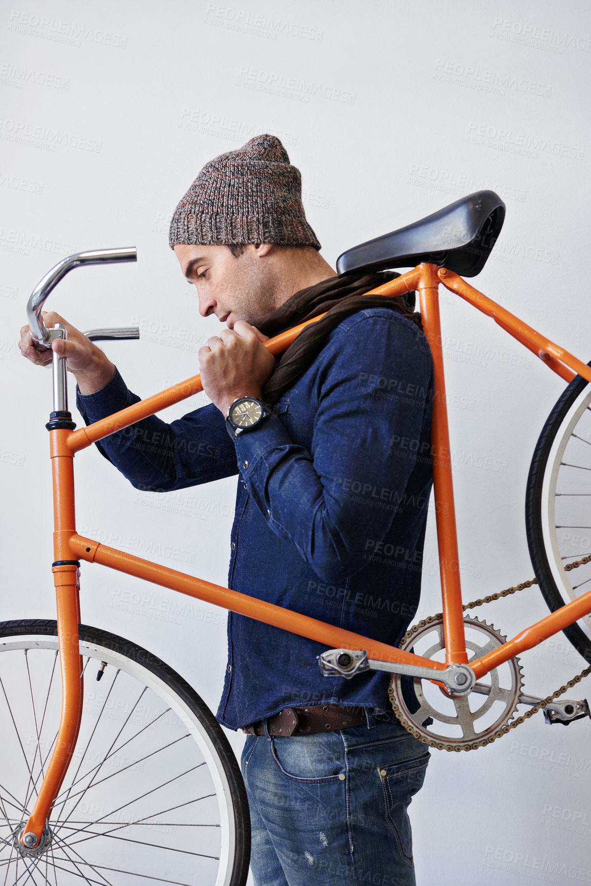 Buy stock photo Man, studio and bike for sustainability, transportation or exercise on white background. Hipster cyclist, carbon neutral and eco friendly travel for environmental commute or fitness and trip