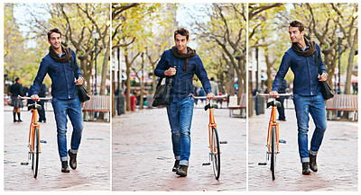 Buy stock photo Collage, man and walking with bike for travel, city and carbon footprint for journey or commute with cycling. Eco friendly transport, bicycle with sustainability and moving on park path in New York