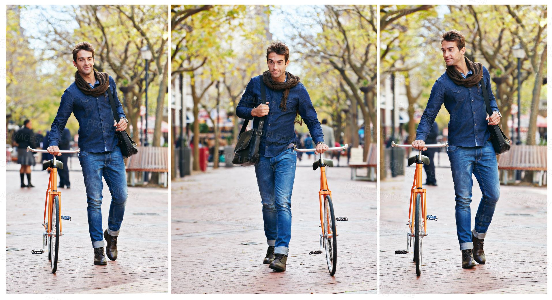 Buy stock photo Collage, man and walking with bike for travel, city and carbon footprint for journey or commute with cycling. Eco friendly transport, bicycle with sustainability and moving on park path in New York