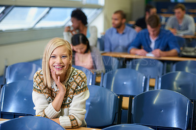 Buy stock photo Portrait, students and woman with education, studying and university with learning and knowledge. College, people or girl writing or relax with academy with smile or scholarship in a classroom or joy