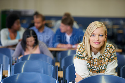 Buy stock photo College, student and portrait in lecture, class and learning in course with education development. University, campus and people studying for test in school and reading project, research or knowledge