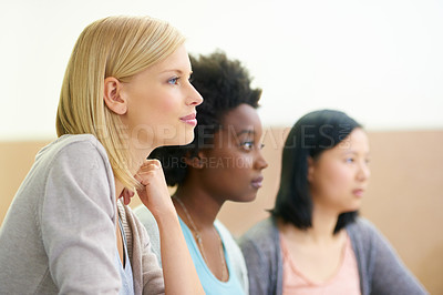 Buy stock photo Education, lecture and diversity with group of women in classroom for learning, knowledge and vision. Idea, university and college with people listening at school for campus, planning and seminar