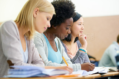Buy stock photo Students, university and writing notes in classroom, information and support for studying. People, books and knowledge in education for learning, problem solving and ideas for solution in assessment