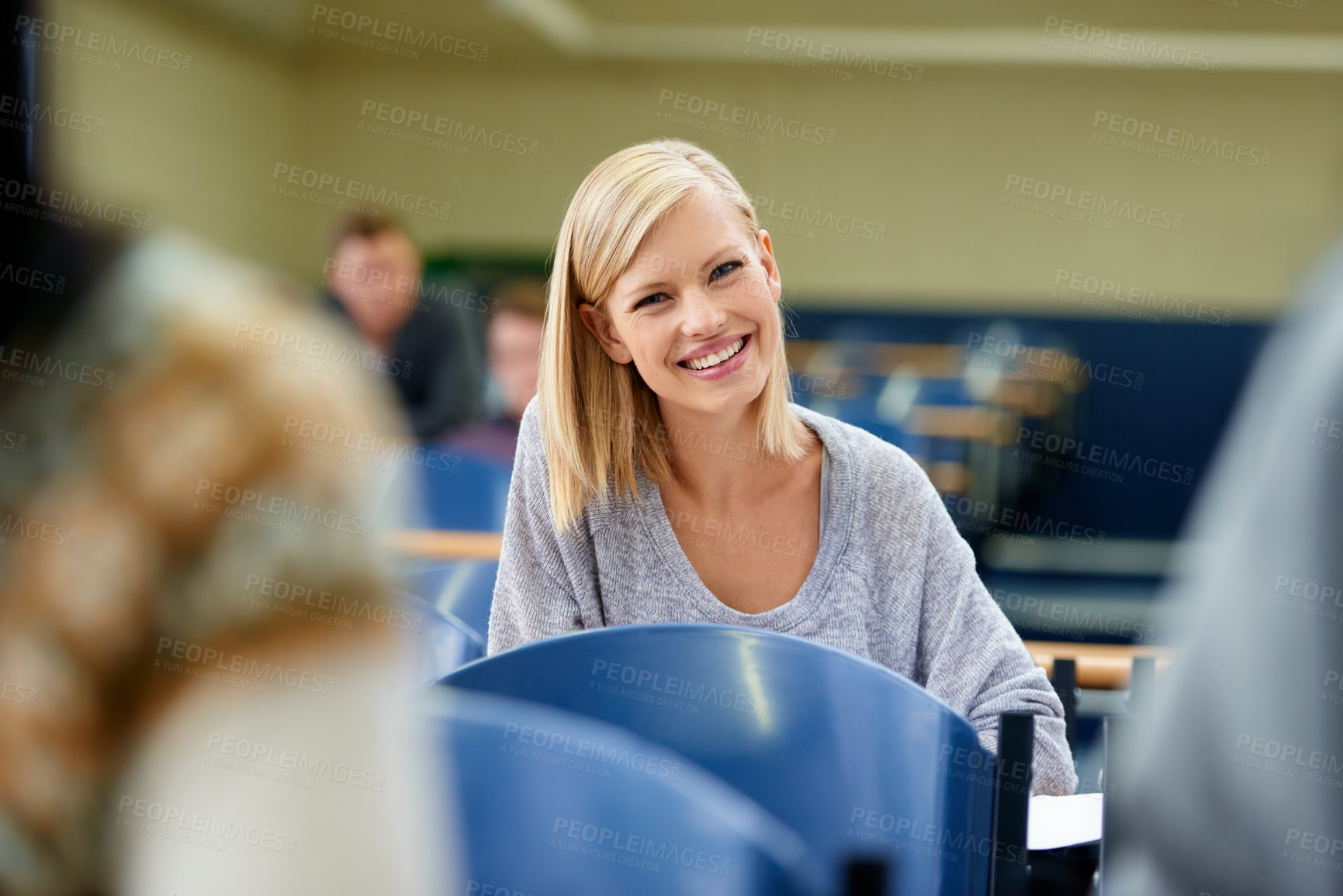 Buy stock photo Portrait, students and woman with education, lecture and university with learning and knowledge. Face, people and girl writing and books with academy with exam and scholarship in a classroom or happy