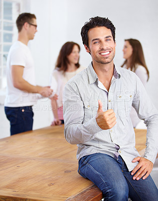 Buy stock photo Thumbs up, winning portrait and man in office meeting with success, achievement or yes sign for employee engagement. Face of happy person in like, teamwork and okay emoji or hand in career management
