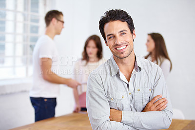 Buy stock photo Portrait, happy and business man with arms crossed in office, workplace or company. Face, smile and confident male professional, entrepreneur or person with pride for career, job and success mindset
