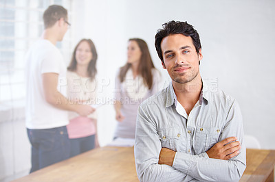 Buy stock photo Portrait, serious and business man with arms crossed in office, workplace or company. Face, confident and male professional, entrepreneur or person with pride for career, job and success mindset