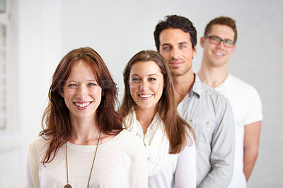 Buy stock photo Portrait, group and business people in a row with leadership in office workplace together. Smile, friends and employees standing in line or queue with teamwork, collaboration or solidarity in company