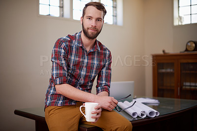 Buy stock photo Portrait, entrepreneur and man in his office, startup success and blueprints with skills, plans and documents. Face, male employee and confident consultant in his workshop, paperwork and architecture