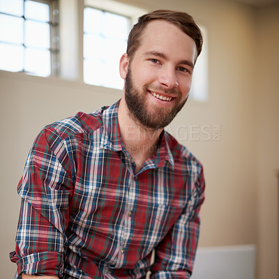 Buy stock photo Portrait, smile and man in workplace, architecture and career in construction industry on break. Male person, contractor and entrepreneur of startup, small business and relax on desk of office