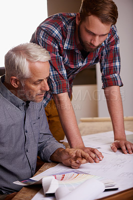 Buy stock photo Architecture men, teamwork and discussion with blueprint, planning and construction for goal in workshop. Senior man, partnership and focus for building, property design and real estate development