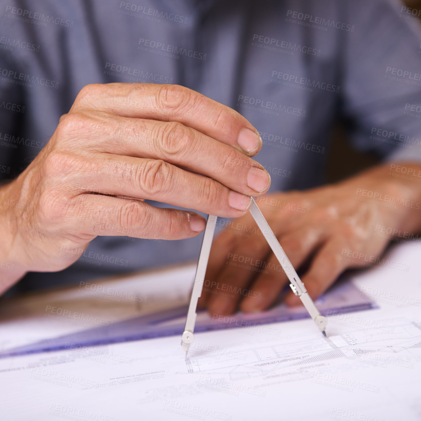 Buy stock photo Hand, closeup of compass and architect drawing blueprint, construction and civil engineering with stationery. Drawing tools, equipment and person with floor plan for property or renovation project