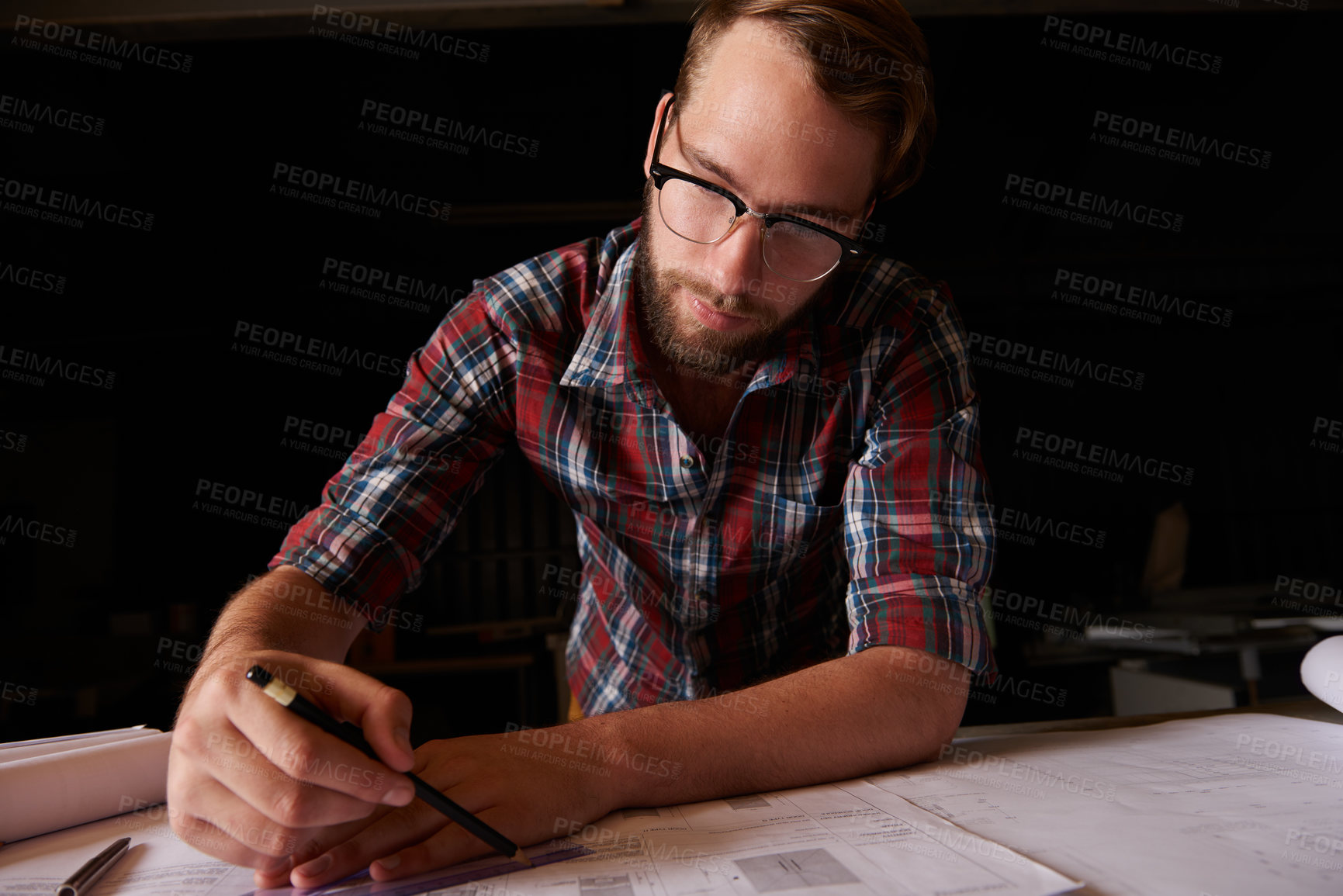 Buy stock photo Man, architect and table or paper, thinking and working on planning for construction. Architecture, building or engineering for infrastructure, design and contractor or career for remodel for measure