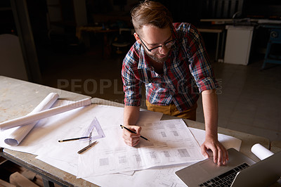 Buy stock photo Man, architect and laptop or blueprint, working and planning for construction. Architecture, building and engineering for infrastructure, design and contractor on technology for remodel research