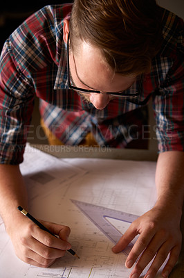 Buy stock photo Closeup, man and architect sketch blueprint, construction for engineering and renovation project with drawing tools. Floor plan, design and property development with architecture and creativity