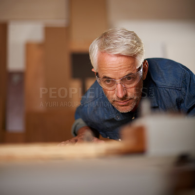 Buy stock photo Male carpenter, thinking and planning in workshop, safety and glasses in small business. Design, woodwork and production lumber or timber, contractor and materials or tools for furniture building  
