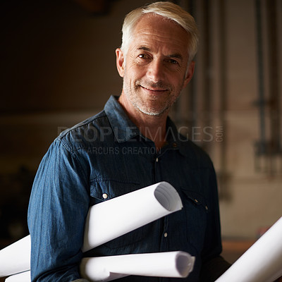 Buy stock photo Senior architect, blueprint and man with smile in portrait, renovation or remodeling project with floor plan. Architecture industry, engineer and male professional designer with vision and mission