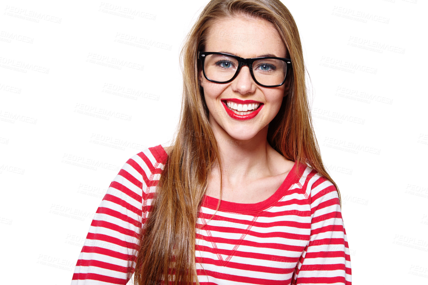 Buy stock photo Studio portrait of an attractive young woman in glasses isolated on white