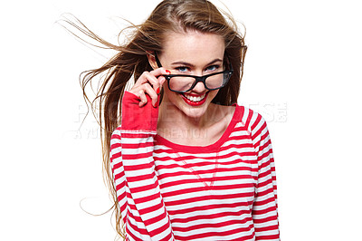 Buy stock photo Studio portrait of an attractive young woman in glasses isolated on white